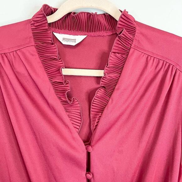 Montgomery Ward Maroon Sheer Ruffled Belted Button Pleated Midi Dress Size L/XL - Picture 3 of 9